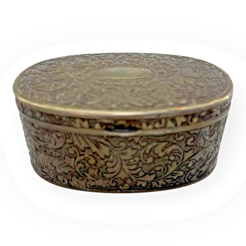 Silvertone Jewelry Casket Ornate Repousse Oval Trinket Box Lined Art Nouveau VTG